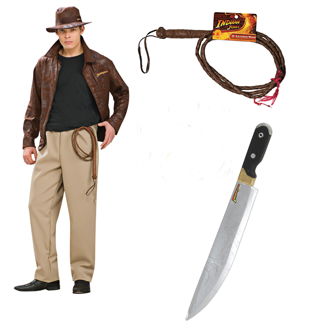 Indiana Jones Adult Deluxe Costume STD, XL + Whip + Machette - Click Image to Close